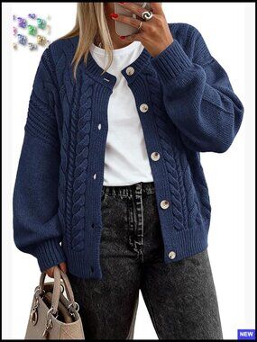 Chunky Cable Knit Cardigan Oversized Loose Fit Button Front Winter Sweater